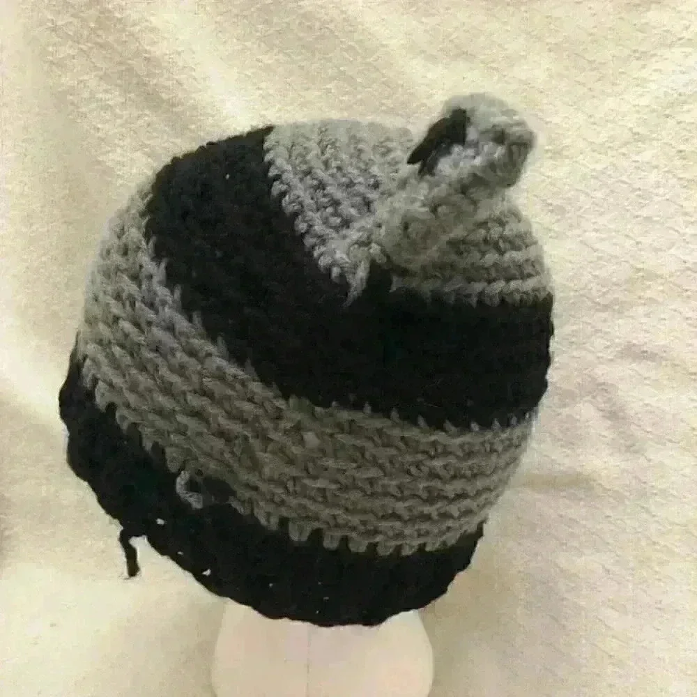 HANDMADE crochet gray and black youth cat winter hat